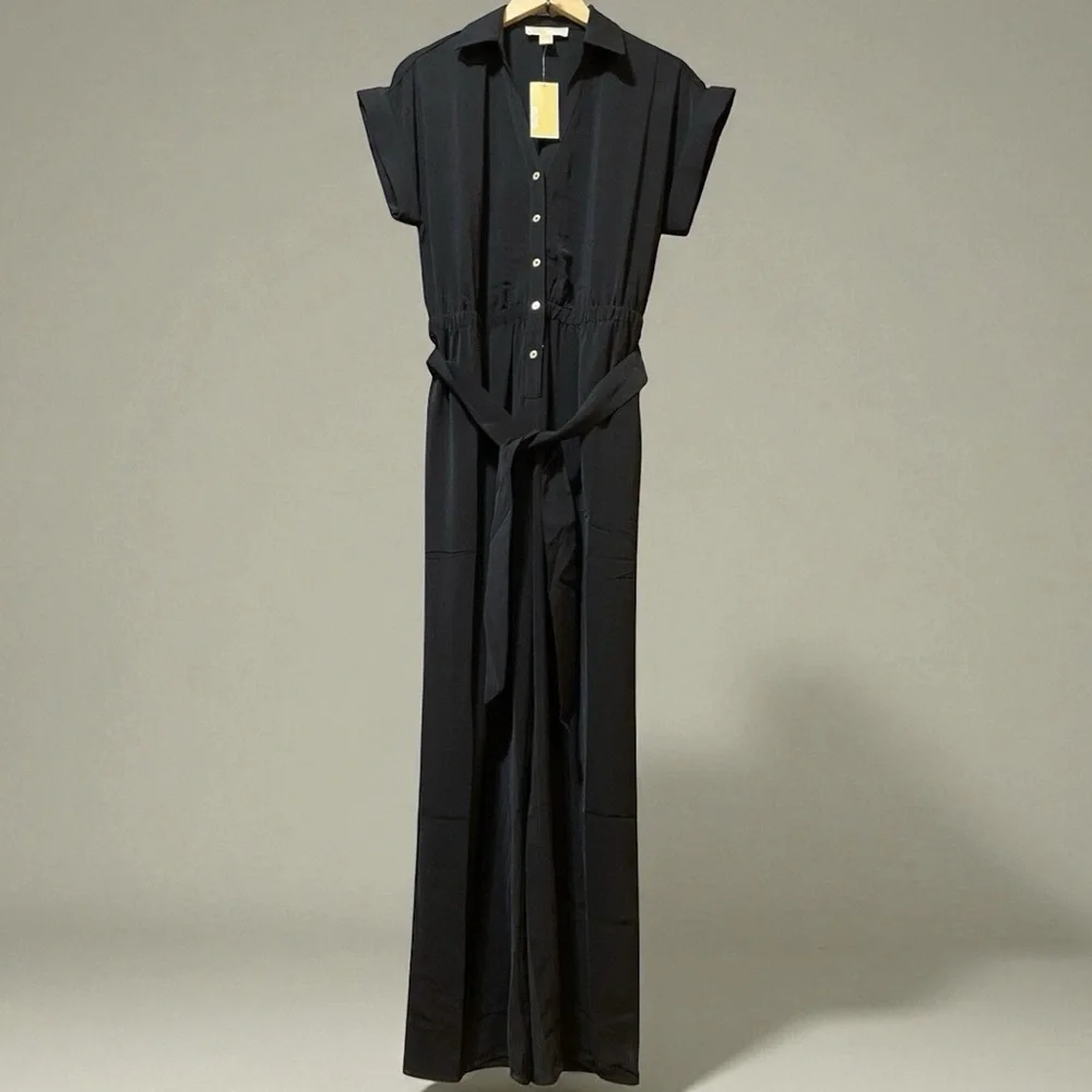 NWT Michael Kors Black Jumpsuit belted button front cuffed short sleeve XL $155